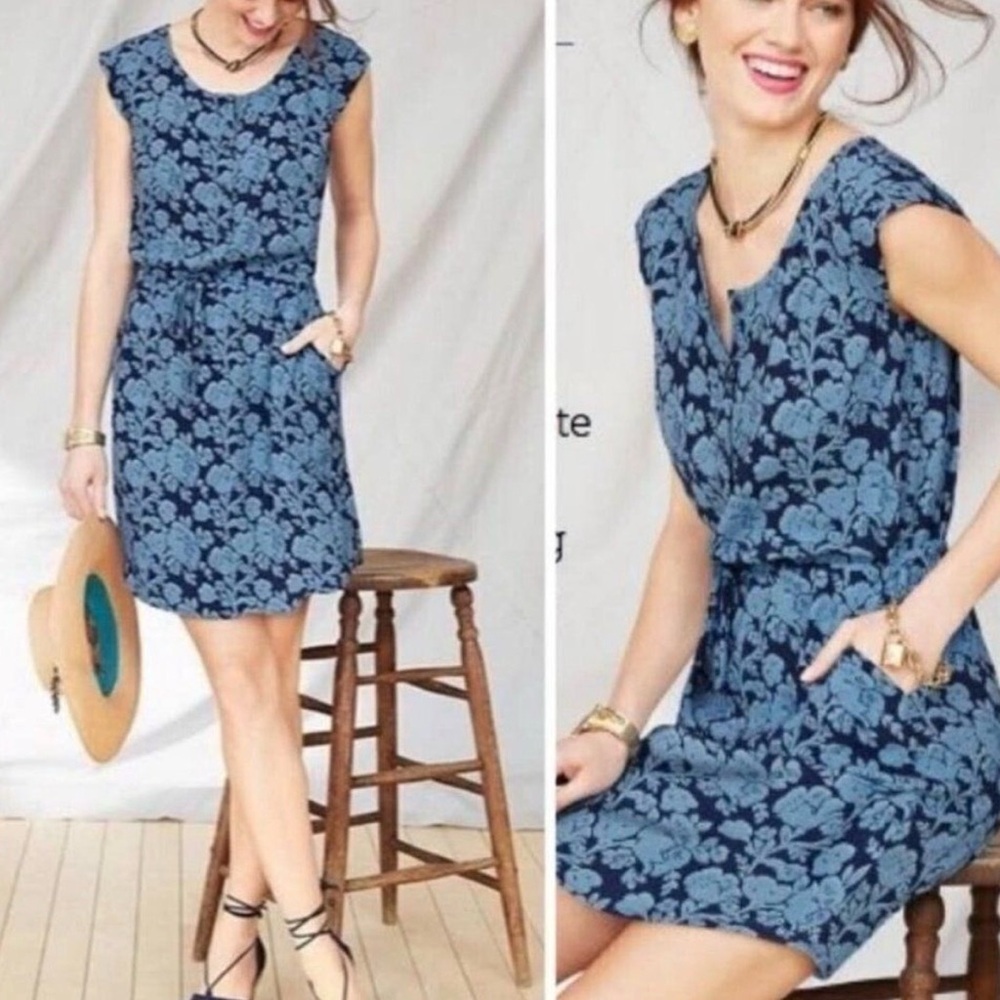 CAbi Navy Blue Floral Mini Dress with Light Blue Print size medium